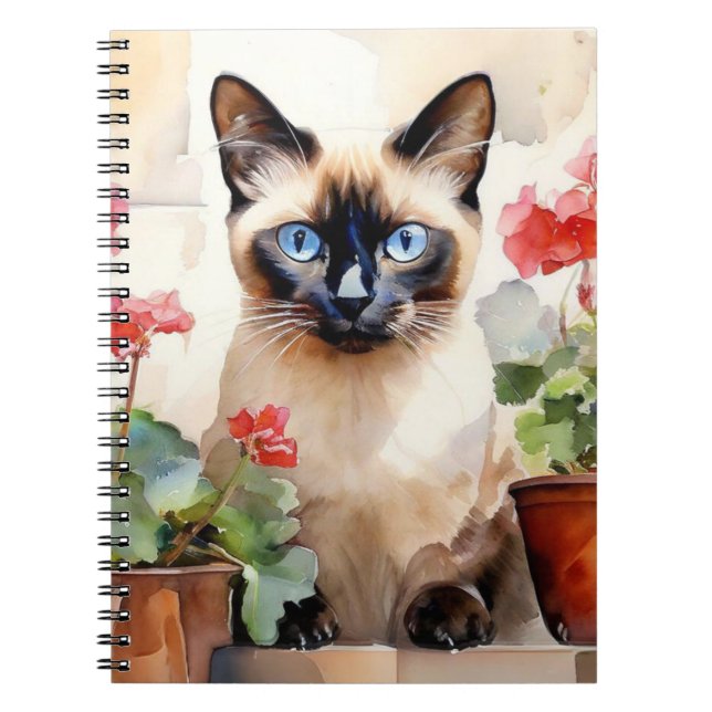 Carnet Fleurs rouges chats siamois Aquarelle mignonne Whi (Devant)