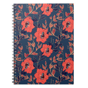 Carnet Fleurs rouges de roses et pivoines avec feuilles e