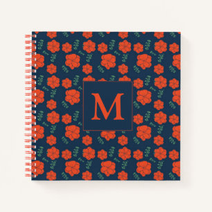 Carnet Fleurs rouges Motif Monogramme bleu foncé