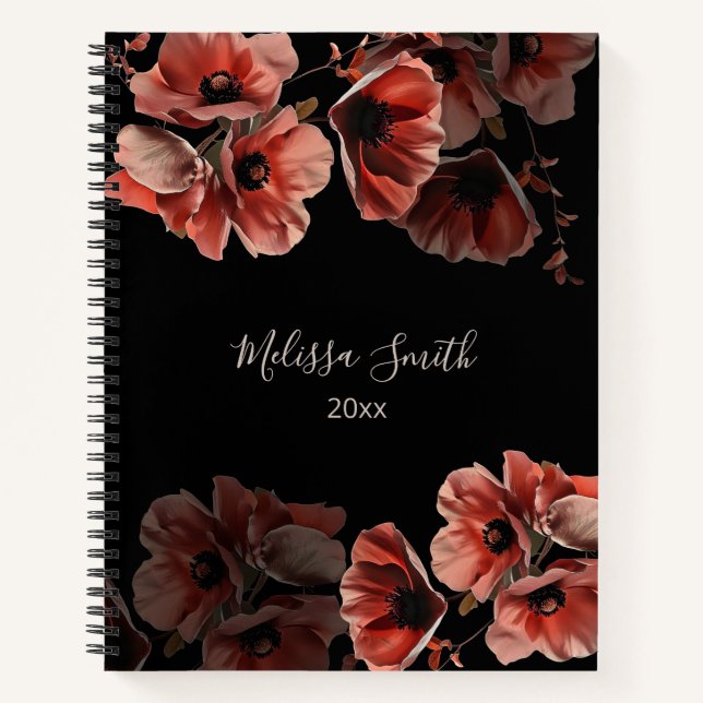 Carnet Fleurs Rouges Noires  | Votre Nom (Devant)