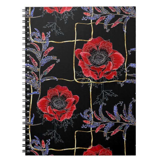 Carnet Fleurs rouges sur le noir. (Devant)