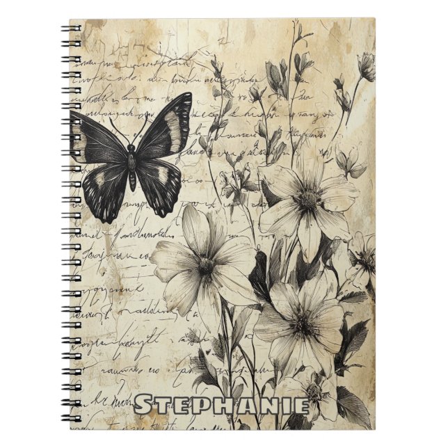 Carnet Fleurs rustiques et papillon - Papier vieilli (Devant)