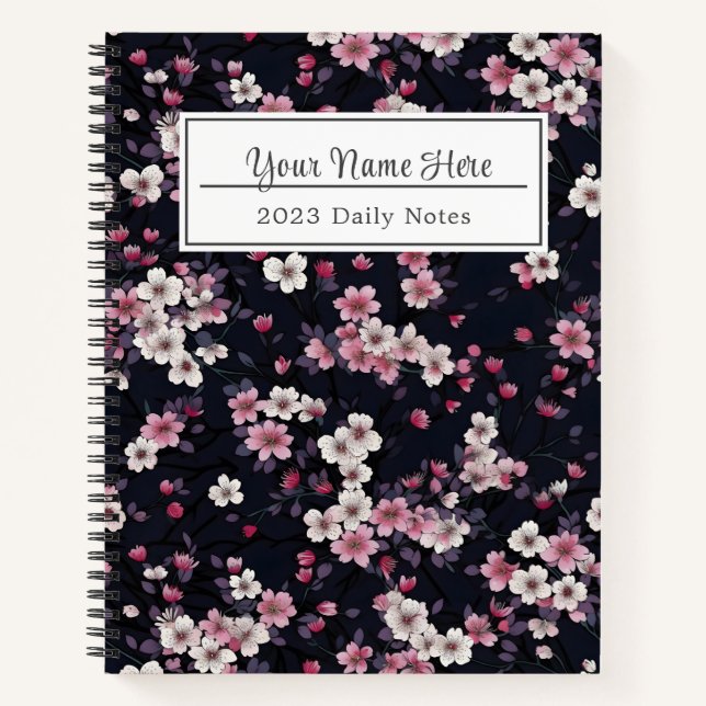 Carnet Fleurs Sakura Roses Noires, Design Motif, (Devant)