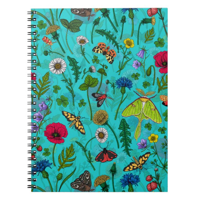 Carnet Fleurs sauvages et papillons de nuit sur turquoise (Devant)