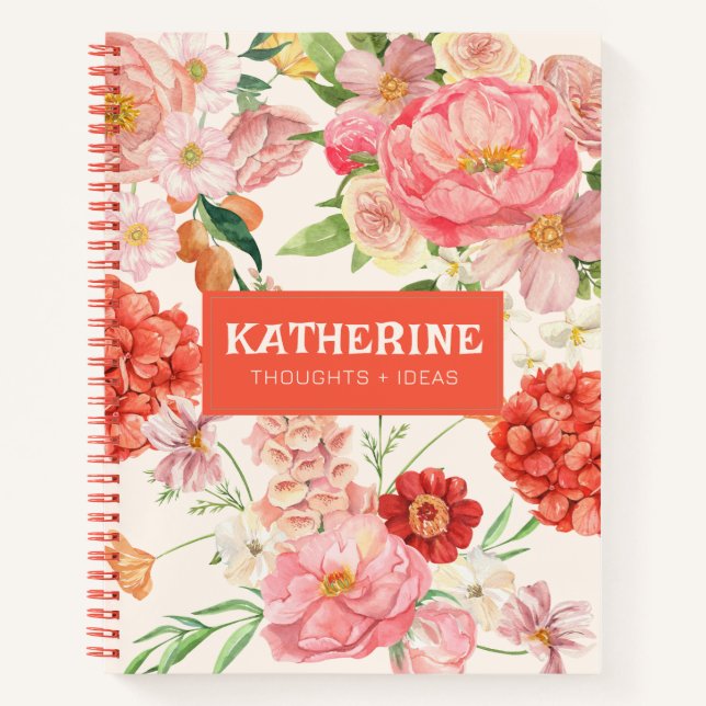 Carnet Fleurs sauvages rose aquarelle floral chic nom (Devant)