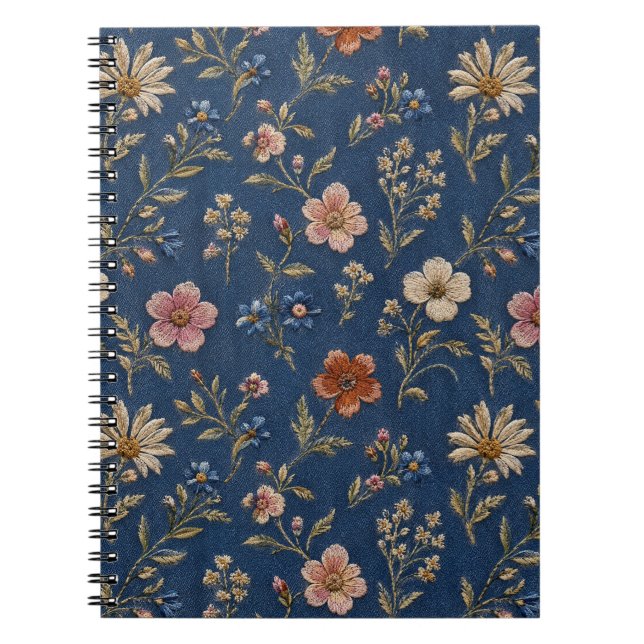 Carnet Fleurs sauvages simples brodées sur fond de denim (Devant)