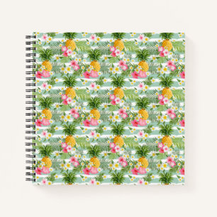Carnet Fleurs tropicales et ananas sur bandes Turquoises