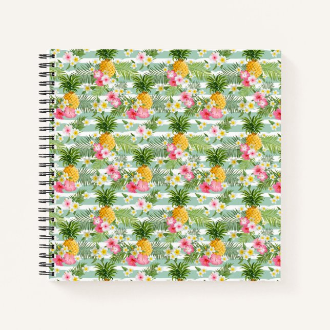 Carnet Fleurs tropicales et ananas sur bandes Turquoises (Devant)