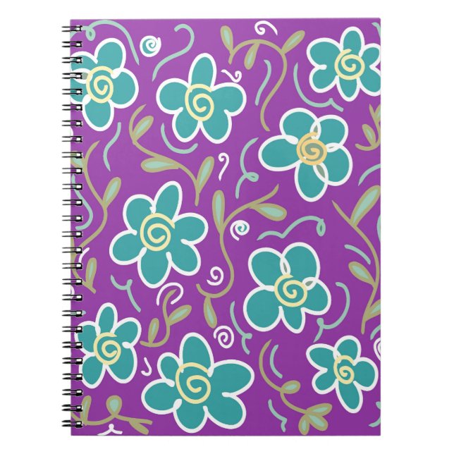 Carnet Fleurs vertes sur design pourpre (Devant)