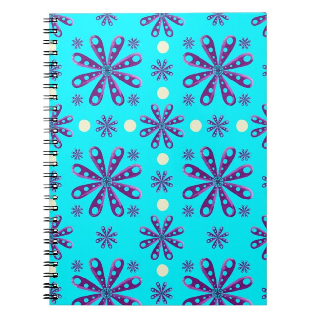 Carnet Fleurs violettes rétro sur fond bleu (Devant)