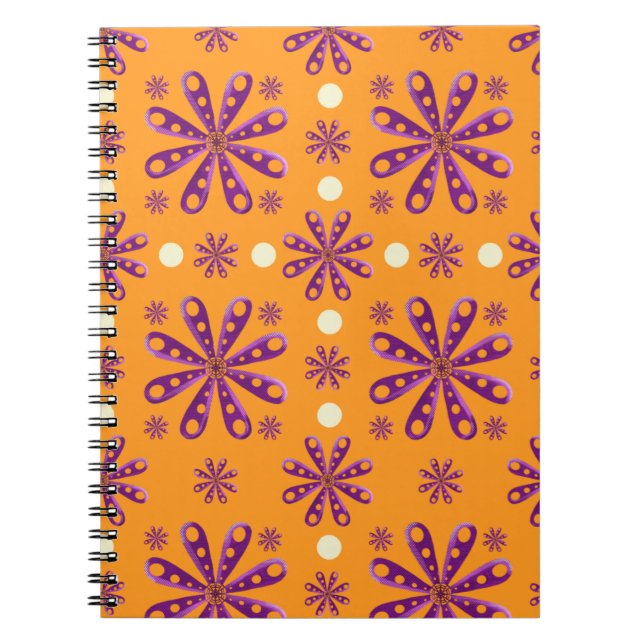 Carnet Fleurs violettes rétro sur fond orange (Devant)