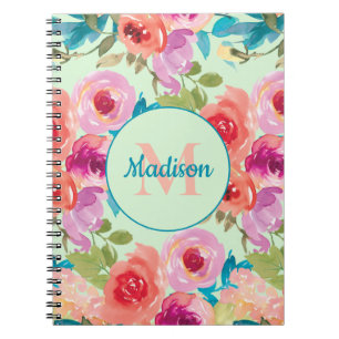 Carnet Fleurs violettes roses feuilles sarcelle Monogramm