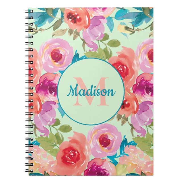 Carnet Fleurs violettes roses feuilles sarcelle Monogramm (Devant)