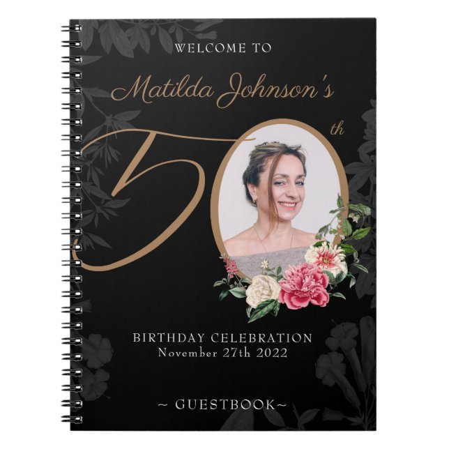 Carnet Floral 50th Birthday Black Gold Photo Guestbook (Devant)