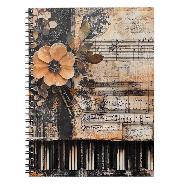 Carnet Floral avec touches de piano rustique et feuille d (Devant)