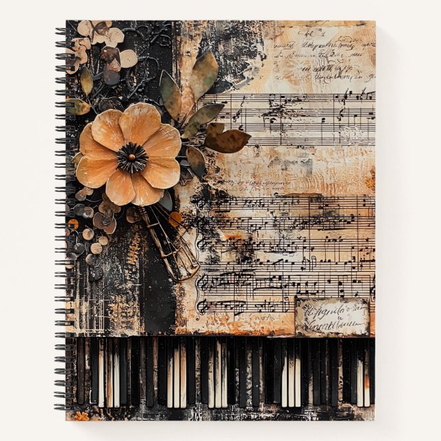 Carnet Floral avec touches de piano rustique et feuille d (Devant)