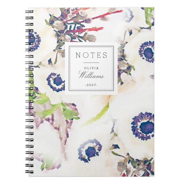 Carnet floral blanc de Lastname de nom d'aquarelle (Devant)