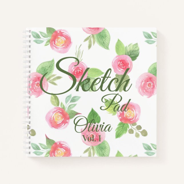 Carnet Floral Élégant Votre Nom Script Rose Roses Esquiss (Devant)