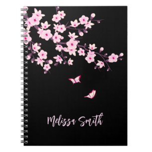 Carnet Floral Fleurs de cerisier Monogramme rose noir