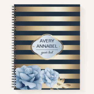 Carnet Floral Gold Stripe de minuit bleu