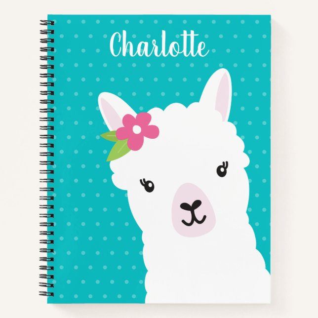 Carnet Floral Llama Alpaca Turquoise fille personnalisée (Devant)