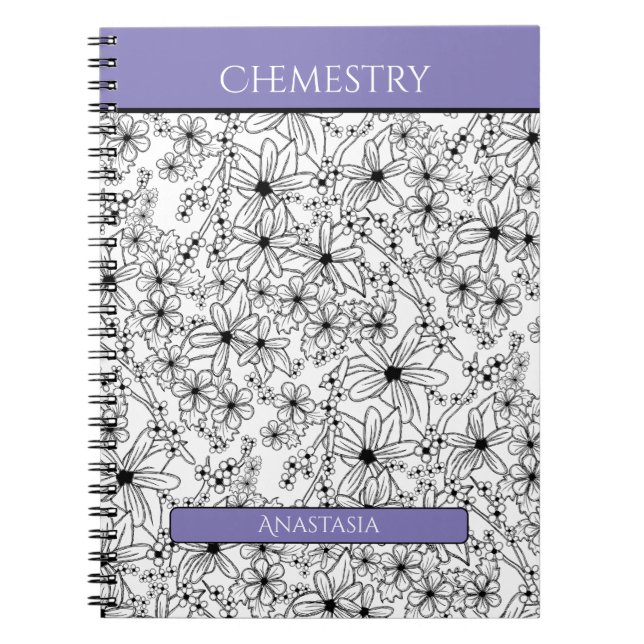 Carnet Floral Noir Blanc Violet Nom de l'école Sujet (Devant)