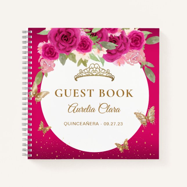 Carnet Floral Rose Gold Tiara Butterfly Guest Book (Devant)