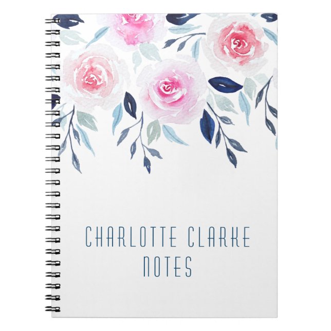 Carnet Floral rose Roses Aquarelle Nom personnalisé (Devant)