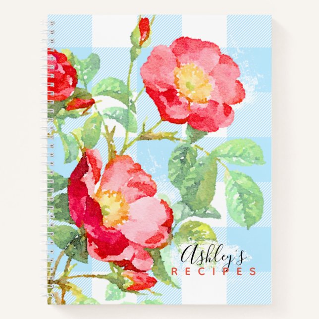 Carnet Floral Rouge Rose Bleu Buffalo Plaid Monogramme Re (Devant)