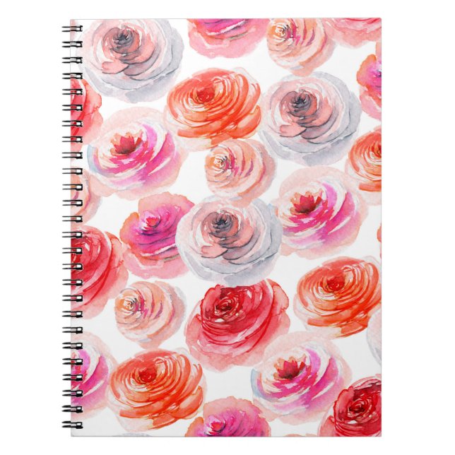 Carnet Floral sans couture motif d'aquarelle rouge, blanc (Devant)