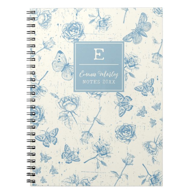 Carnet Floral Vintage bleu monogramme personnalisé (Devant)