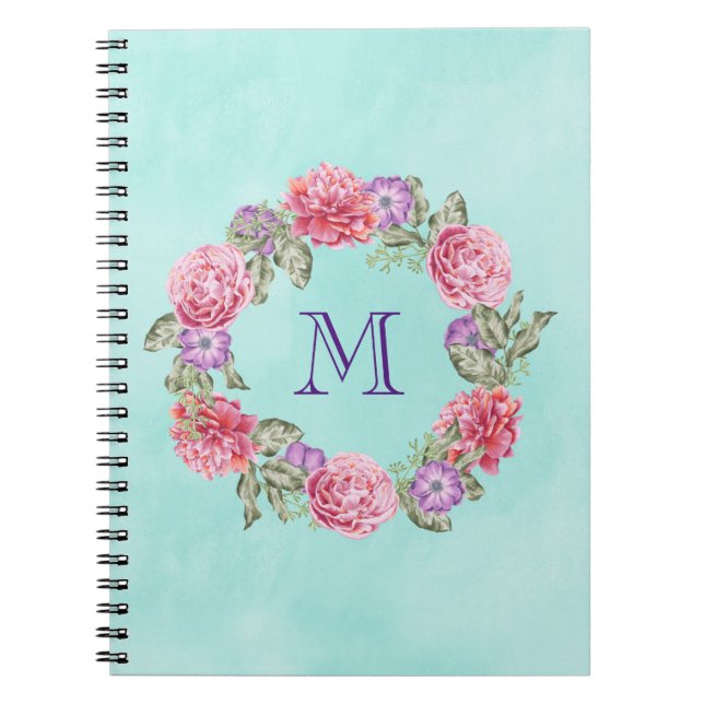 Carnet Floral Wreath Watercolor Flowers Custom Monogram (Devant)