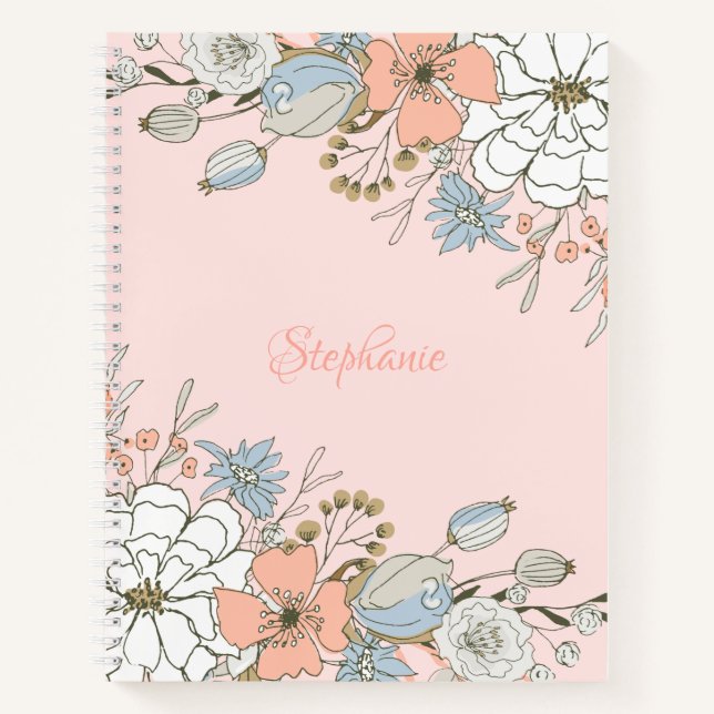 Carnet Flore bleu rose pâle Personnalisé (Devant)