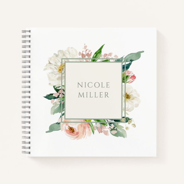 Carnet Flore d'aquarelle féminine Rose floue avec nom (Devant)