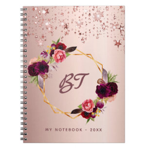 Carnet Flores bordeaux or rose étoiles monogramme