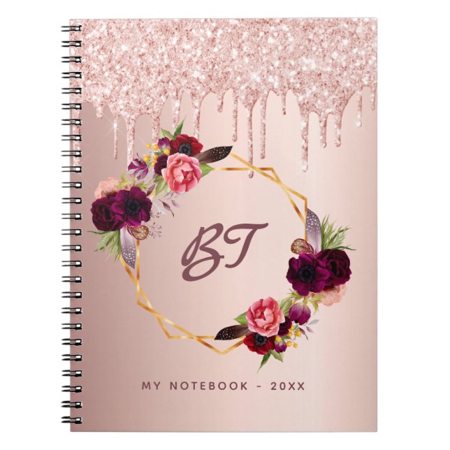 Carnet Flores de parties scintillant d'or rose monogramme (Devant)