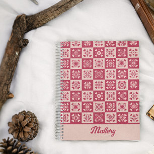 Carnet Folk Art Stenciled Heart Motif Rouge et rose