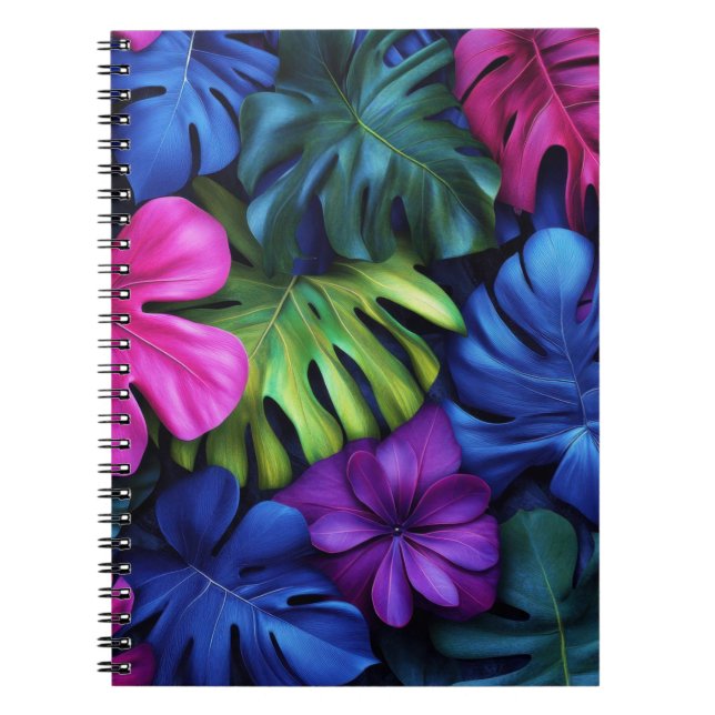 Carnet Fond vibrant de feuilles tropicales néon Monstera (Devant)