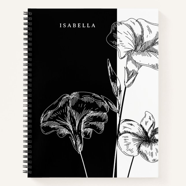 Carnet Foral moderne noir et blanc Personnalisé (Devant)