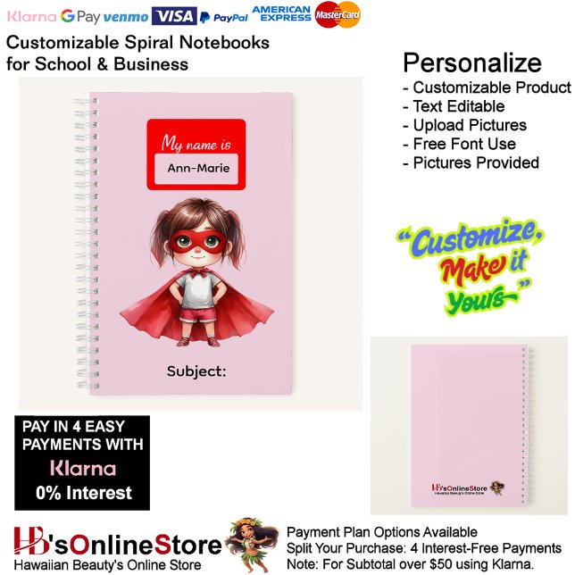 Carnet Fournitures de papeterie pour filles et garçons su (18 Super Hero Kids Girl Writing Supplies Students Notebook.)