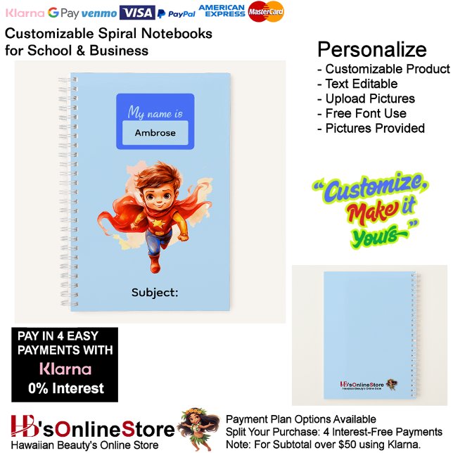 Carnet Fournitures de papeterie pour garçons super-héros  (7 Super Hero Kids Boy Writing Supplies Students Notebook.)