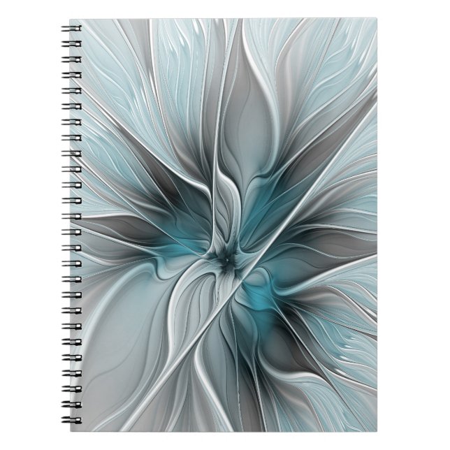 Carnet Fractal Floral Moderne Abstrait Fleur Bleu Gris (Devant)