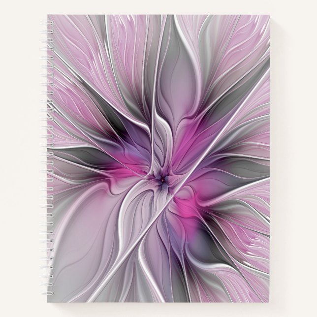 Carnet Fractal Floral Moderne Abstrait Fleur Rose Gris (Devant)