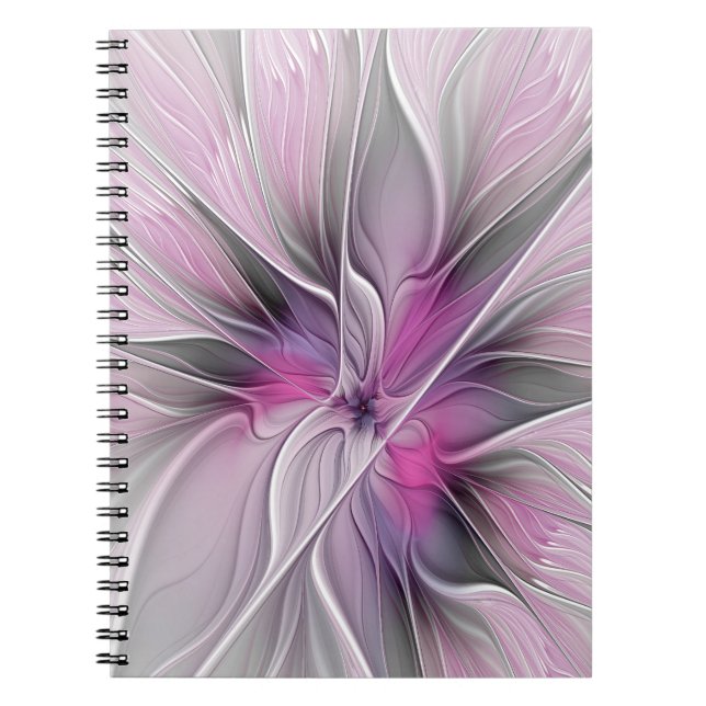 Carnet Fractal Floral Moderne Abstrait Fleur Rose Gris (Devant)