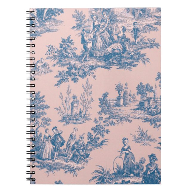 Carnet French toile de jouy bleu et rose élégant (Devant)