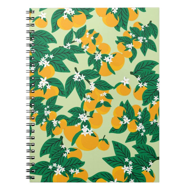 Carnet Fruit orange : motif vintage vert. (Devant)