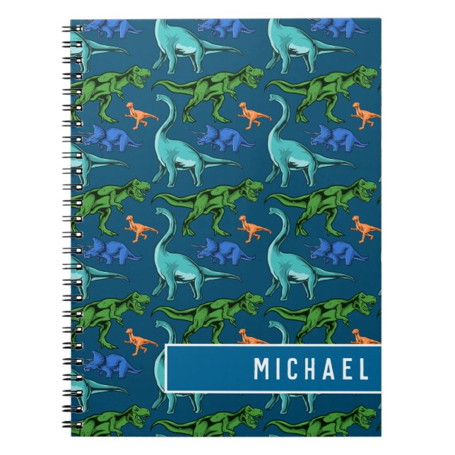 Carnet Fun Dinosaur Pattern Kids Blue Name School (Devant)