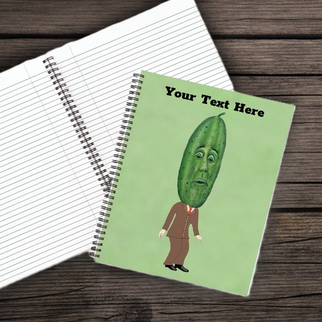 Carnet Fun Pickle Head Man Brown Suit Surprised Face (Fun man big pickle head surprised face in brown suit on green spiral notebook.)