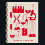 Carnet Fun Science Chimie Laboratoire Custom Red<br><div class="desc">Ce carnet sur mesure amusant présente un joli design scientifique et chimique en rouge et blanc. Personnalisez-le avec votre nom. Super idée cadeau !</div>