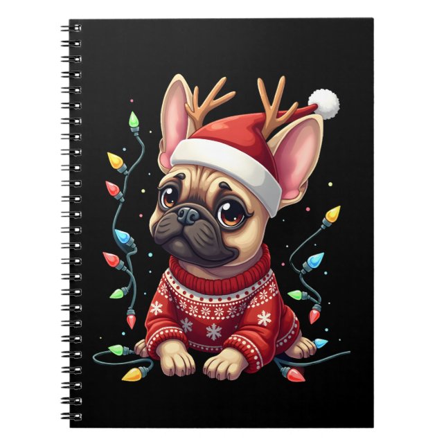 Carnet Funny French Bulldog Christmas Light Santa Hat Rei (Devant)